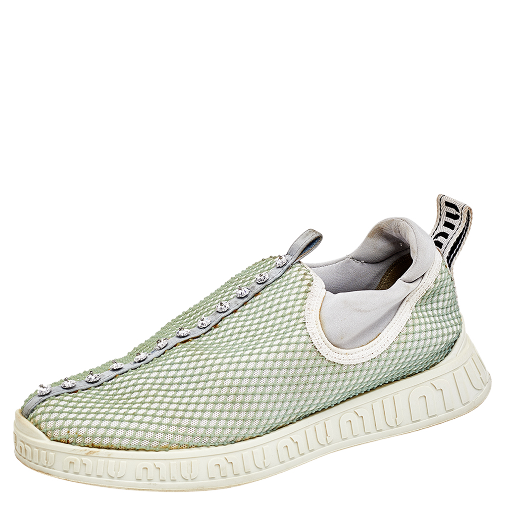luxury-women-miu-miu-used-shoes-p564498-009-1 Miu Miu Multicolor Mesh and Neoprene Crystal Embellished Slip On Sneakers Size 36.5
