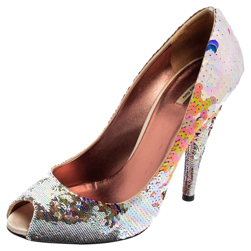 luxury-women-miu-miu-used-shoes-p568029-004-1 Miu Miu Multicolor Sequins Embellished Fabric Peep-Toe Pumps Size 40