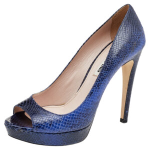 Miu Miu Blue Python Embossed Leather Peep Toe Platform Pumps Size 37.5