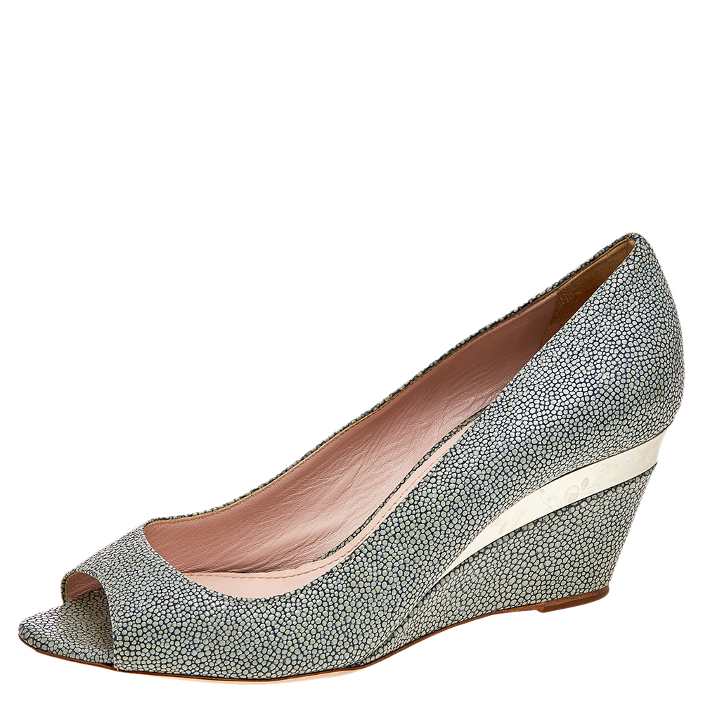 luxury-women-miu-miu-used-shoes-p569815-002-2 Miu Miu Grey Leather Peep Toe Wedge Pumps Size 36