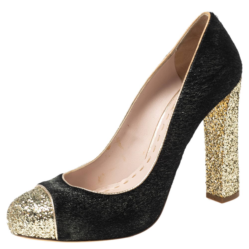 luxury-women-miu-miu-used-shoes-p569981-003-2 Miu Miu Black/Gold Calf Hair And Coarse Glitter Cap-Toe Block Heel Pumps Size 40