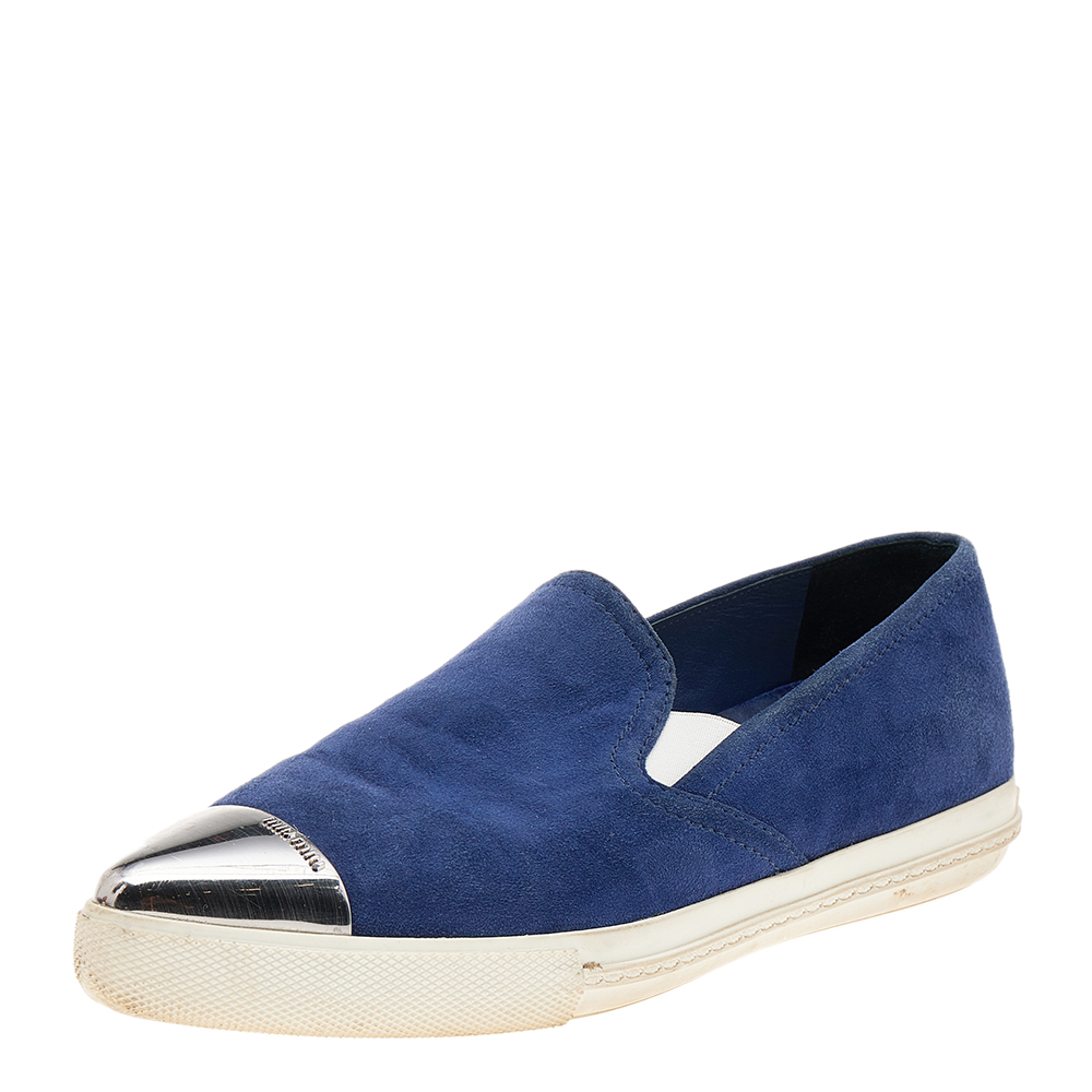 luxury-women-miu-miu-used-shoes-p578162-005 Miu Miu Blue Suede Metal Cap Toe Slip On Sneakers Size 36