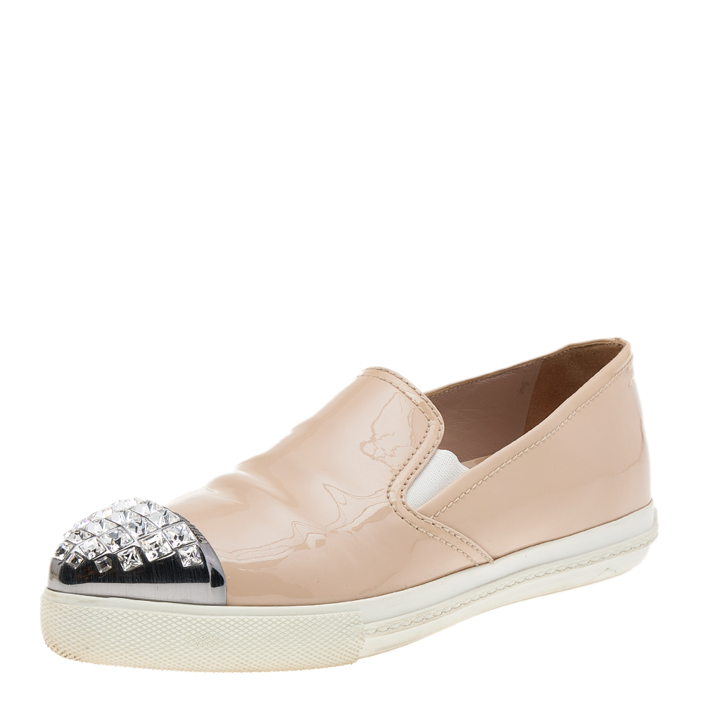 luxury-women-miu-miu-used-shoes-p578358-006-1 Miu Miu Beige Patent Leather Crystal Embellished Pointed Cap Toe Slip On Sneakers Size 35