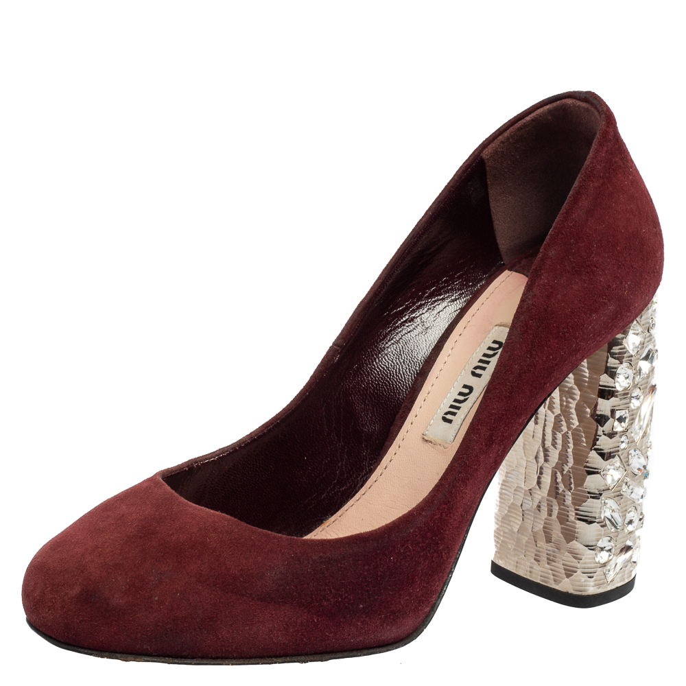 Miu Miu Burgundy Suede Crystal Embellished Block Heel Pumps Size 35