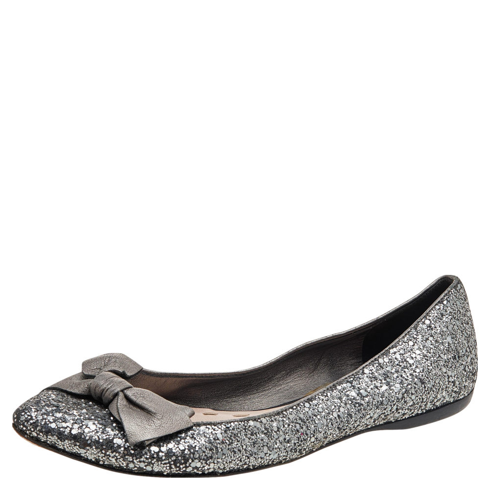 luxury-women-miu-miu-used-shoes-p596352-005-2 Miu Miu Silver Glitters and Leather Ballet Flats Size 38