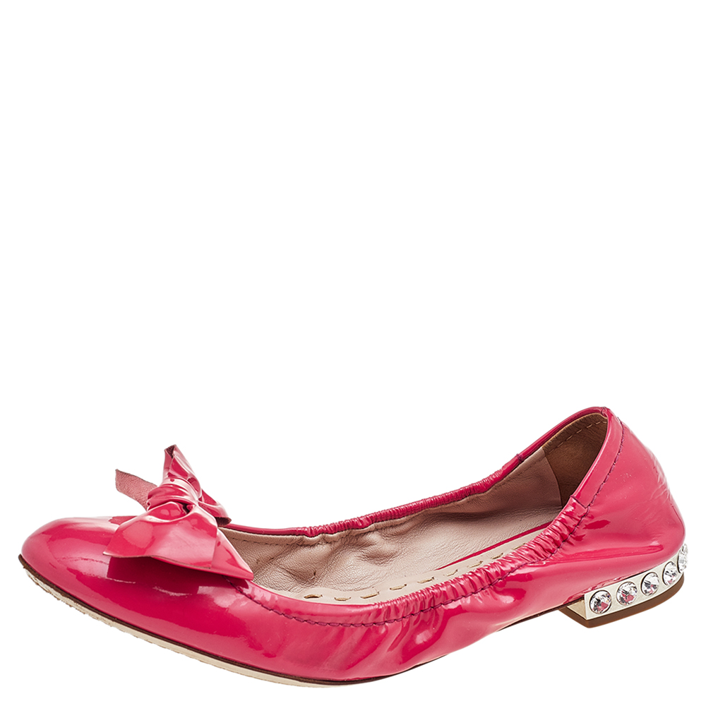 luxury-women-miu-miu-used-shoes-p597363-009-2 Miu Miu Pink Patent Leather Crystal Embellished Bow Ballet Flats Size 38