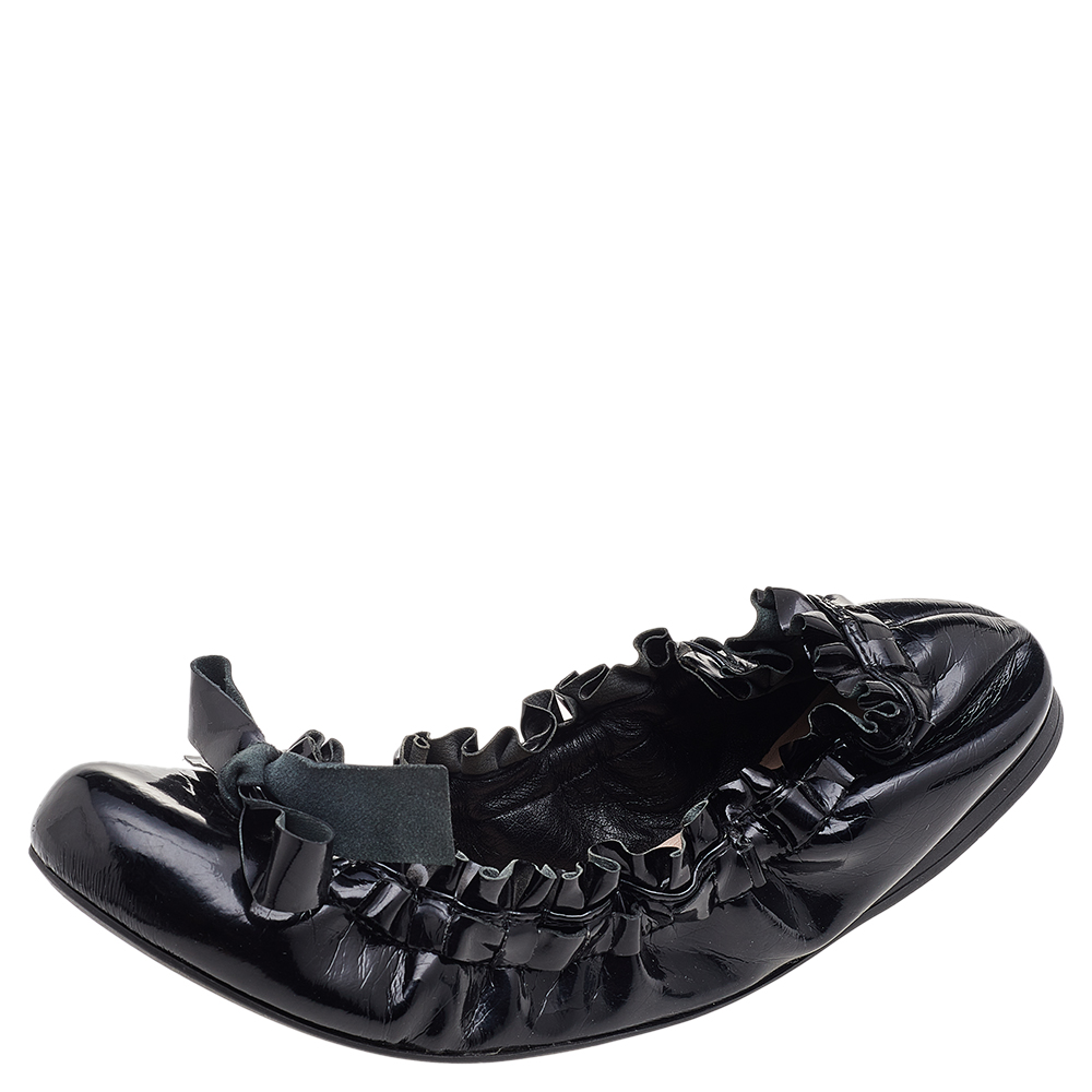 luxury-women-miu-miu-used-shoes-p597909-008-2 Miu Miu Black Patent Leather Scrunch Bow Ballet Flats Size 35.5
