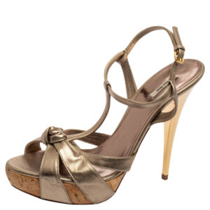 Miu Miu Metallic Bronze Leather Bow Ankle Strap Platform Sandals Size 38.5