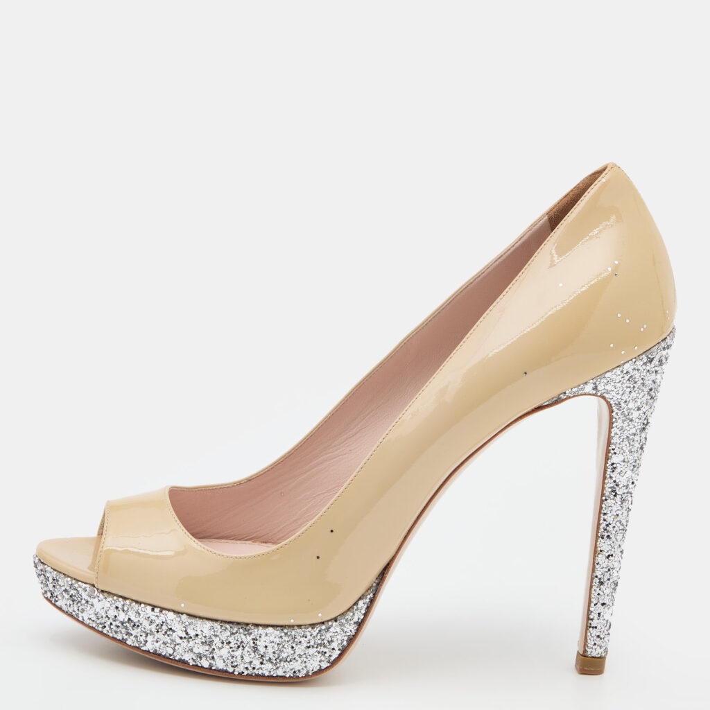 luxury-women-miu-miu-used-shoes-p622795-007-2 Miu Miu Beige/Silver Patent Leather and Glitter Peep Toe Platform Pumps Size 40