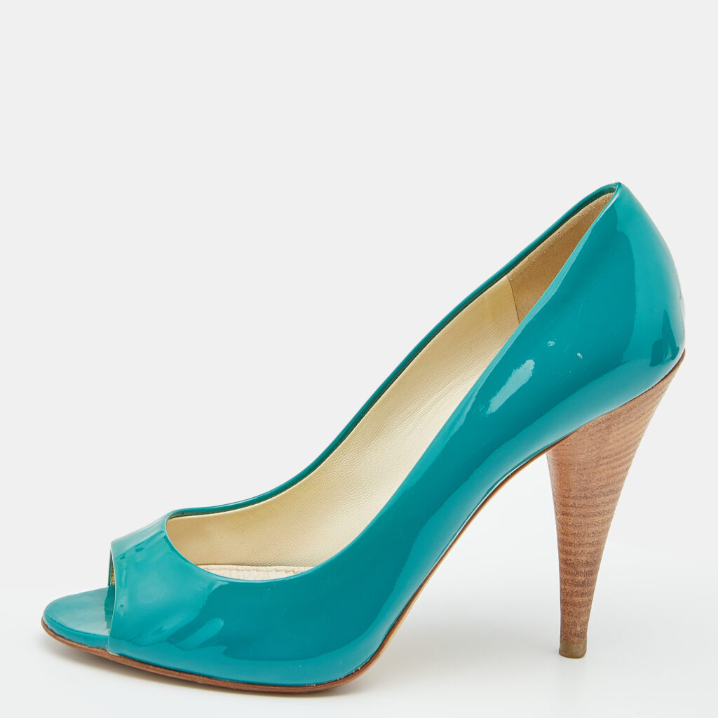 luxury-women-miu-miu-used-shoes-p625945-001-1 Miu Miu Green Patent Leather Peep Toe Pumps Size 37.5