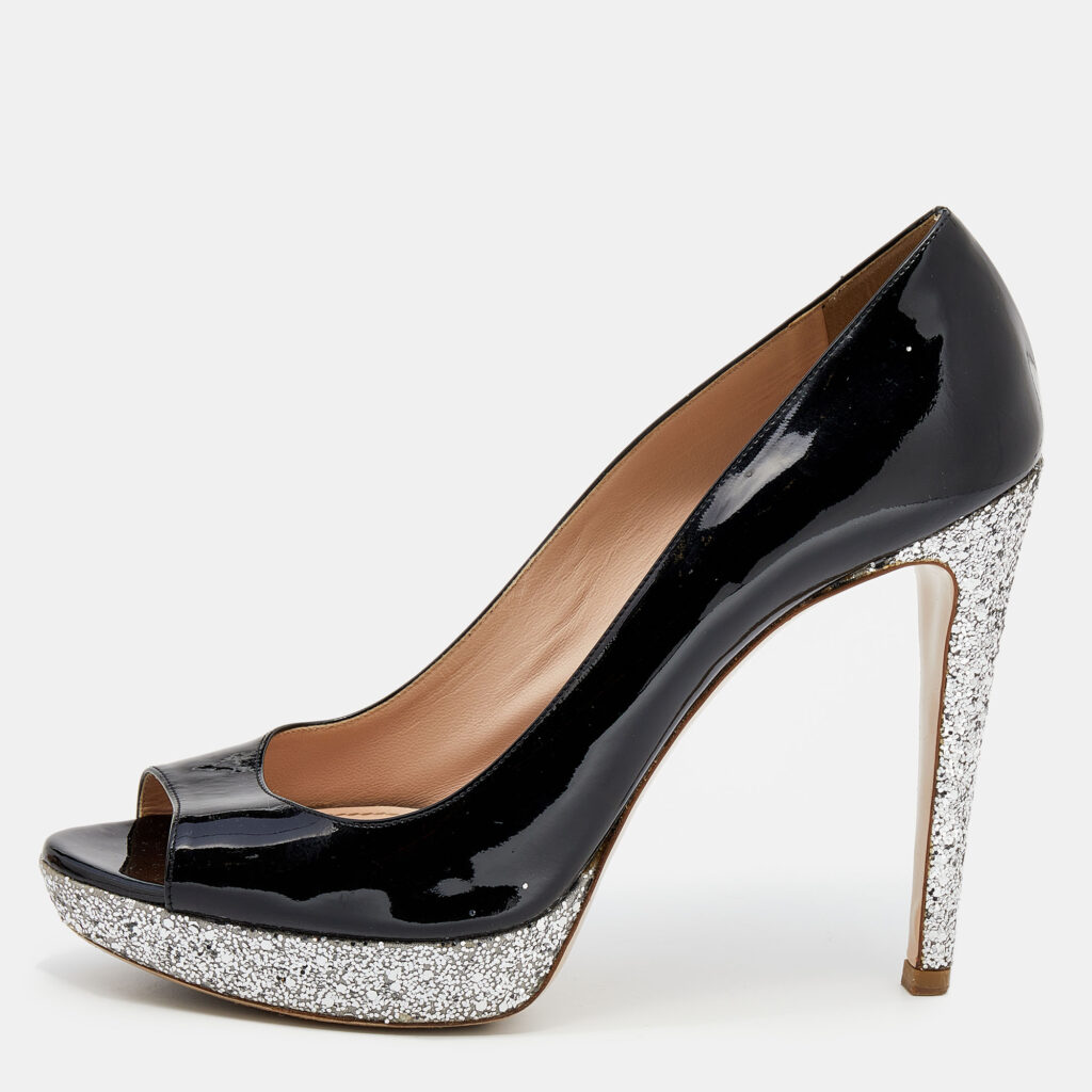luxury-women-miu-miu-used-shoes-p629447-002-2 Miu Miu Black Patent Leather Glitter Peep Toe Platform Pumps Size 40