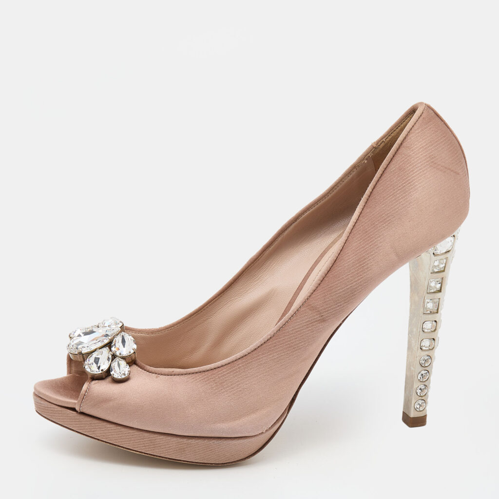 luxury-women-miu-miu-used-shoes-p647672-002-2 Miu Miu Beige Satin Crystal Embellished Peep Toe Platform Pumps Size 41