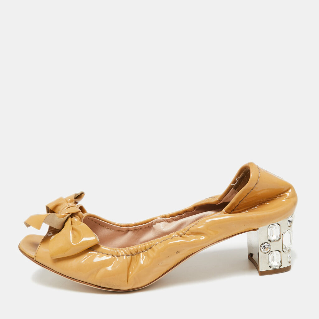 luxury-women-miu-miu-used-shoes-p652393-001 Miu Miu Beige Patent Leather Bow Crystal Studded Heel Peep-Toe Pumps Size 38