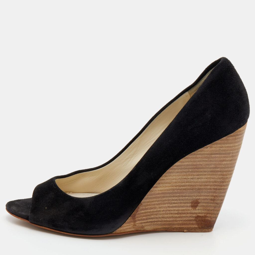 luxury-women-miu-miu-used-shoes-p653472-002-1 Miu Miu Black Suede Peep Toe Wedge Pumps Size 39