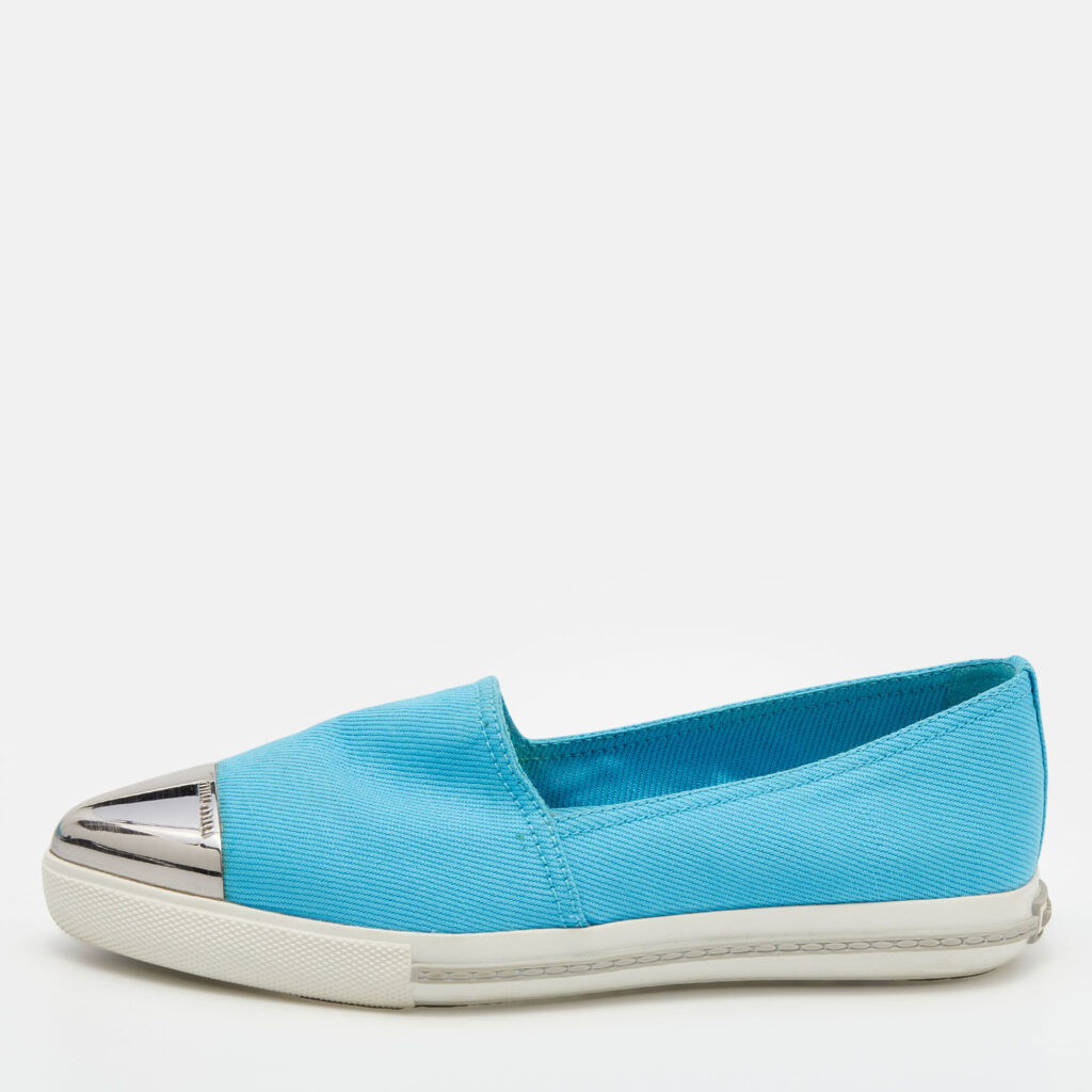 luxury-women-miu-miu-used-shoes-p656427-002 Miu Miu Blue Canvas Metal Cap Toe Slip On Sneakers Size 37.5