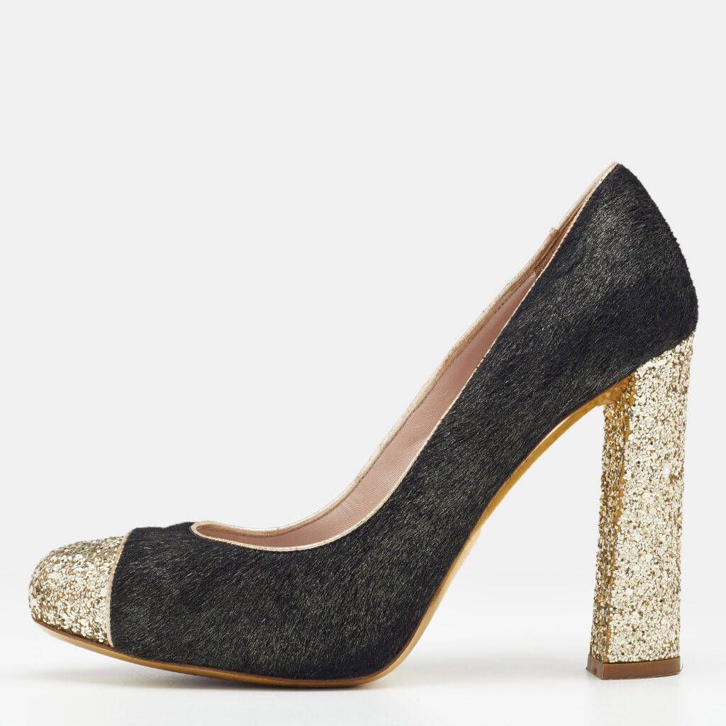 luxury-women-miu-miu-used-shoes-p660690-002 Miu Miu Black/Gold Calf Hair And Glitter Cap Toe Block Heel Pumps Size 37.5
