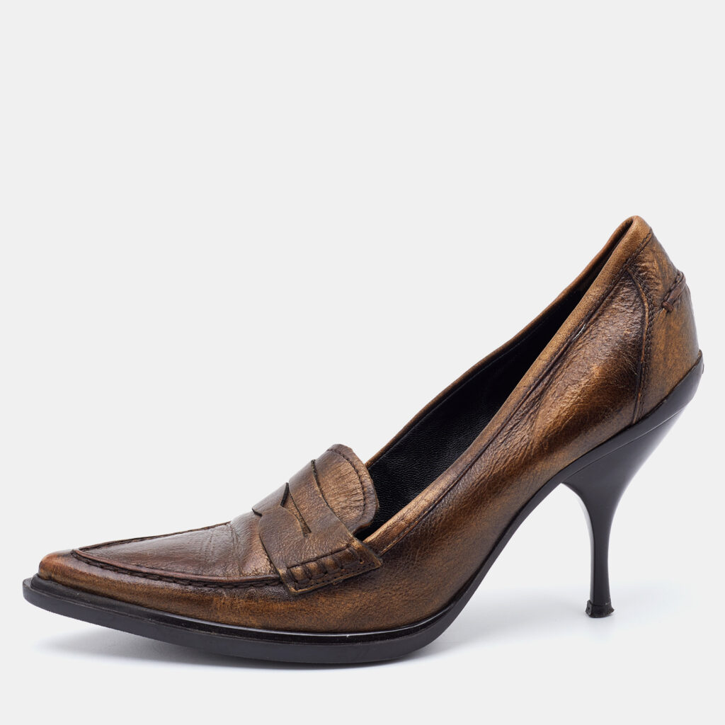 luxury-women-miu-miu-used-shoes-p726101-006 Miu Miu Metallic Brown Leather Pointed Toe Loafer Pumps Size 36.5
