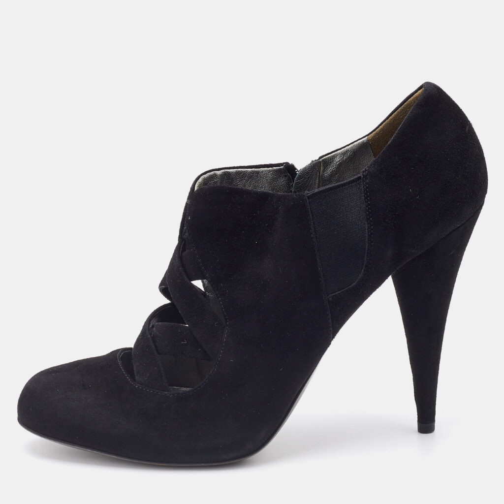 luxury-women-miu-miu-used-shoes-p731535-010 Miu Miu Black Suede and Stretch Fabric Cut-Out Booties Size 40