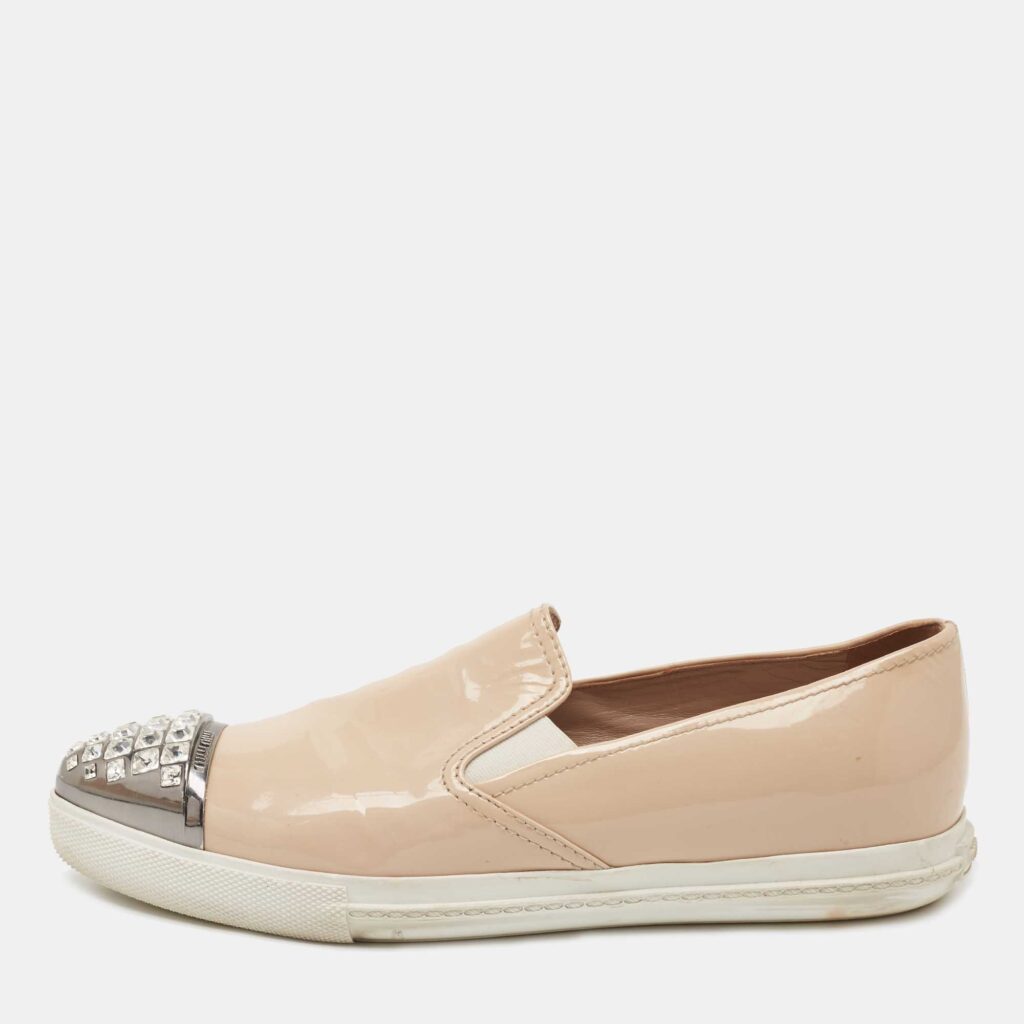 luxury-women-miu-miu-used-shoes-p752382-003 Miu Miu Beige Patent Leather Crystal Embellished Sneakers Size 38