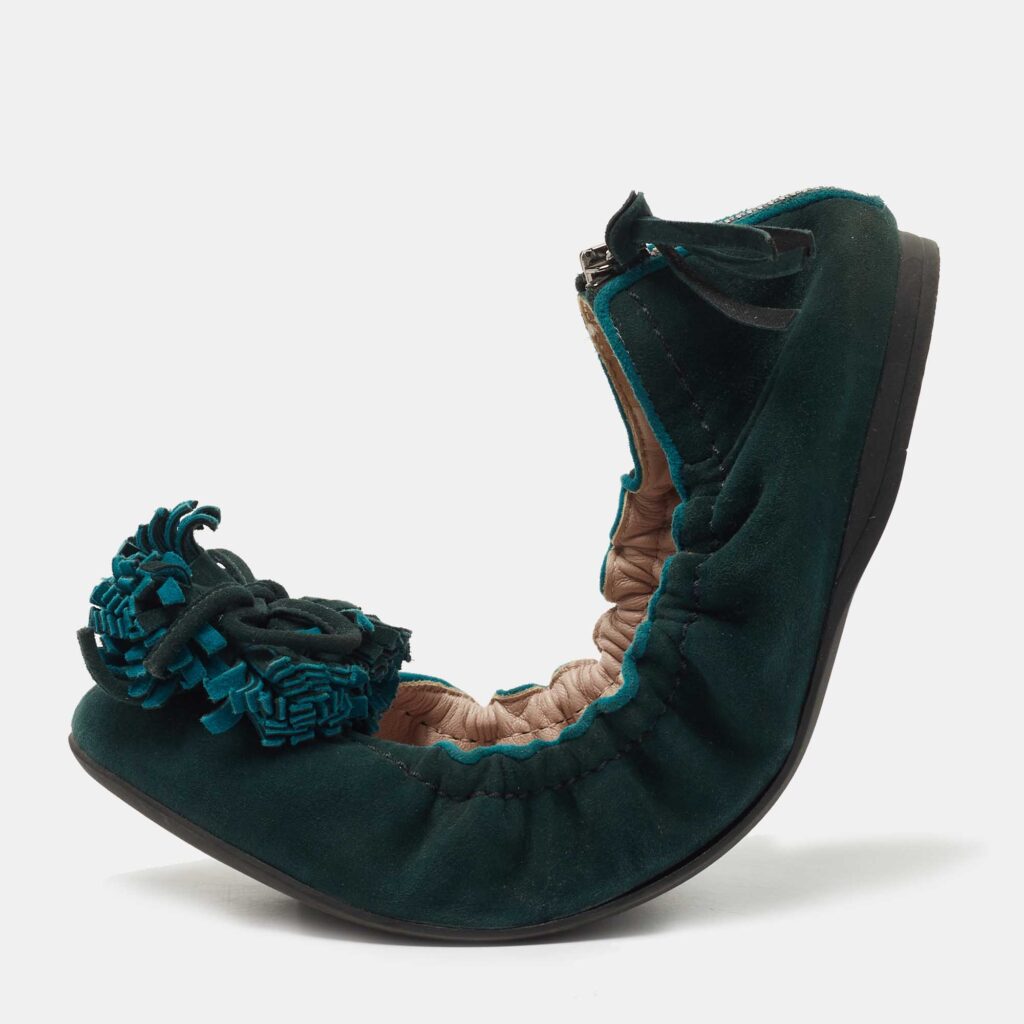 luxury-women-miu-miu-used-shoes-p761363-003 Miu Miu Dark Green Suede Fringe Bow Scrunch Ballet Flats Size 38