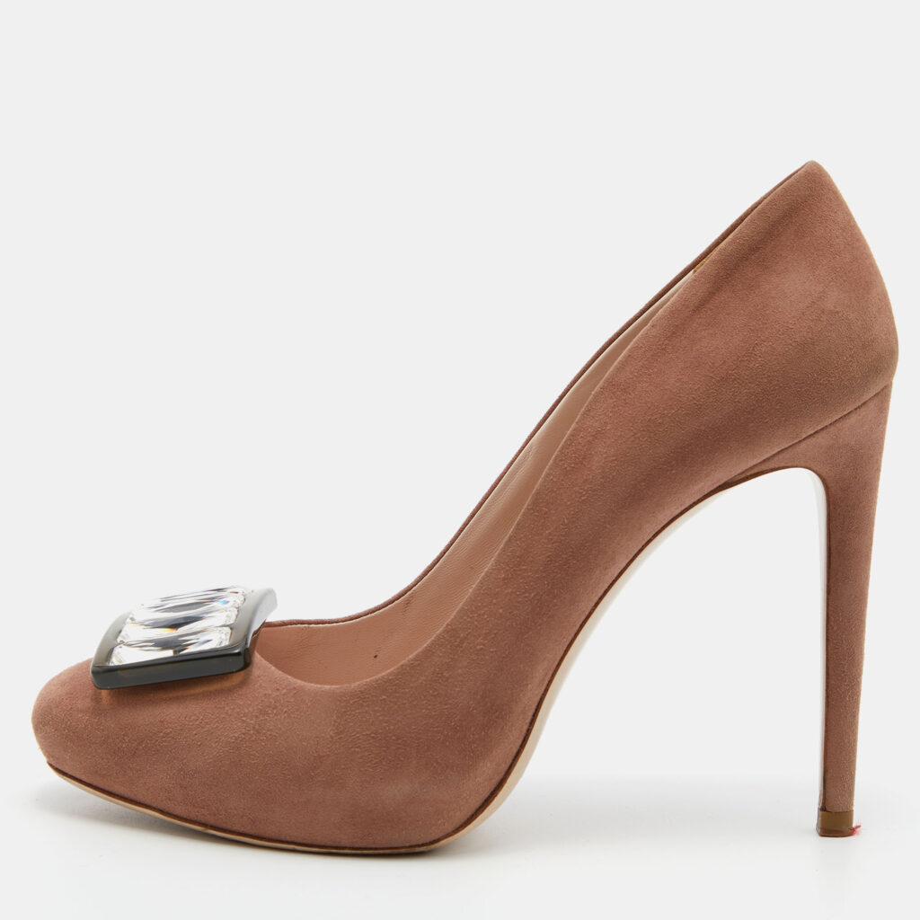 luxury-women-miu-miu-used-shoes-p783567-010 Miu Miu Pink Suede Crystal Embellished Platform Pumps Size 37