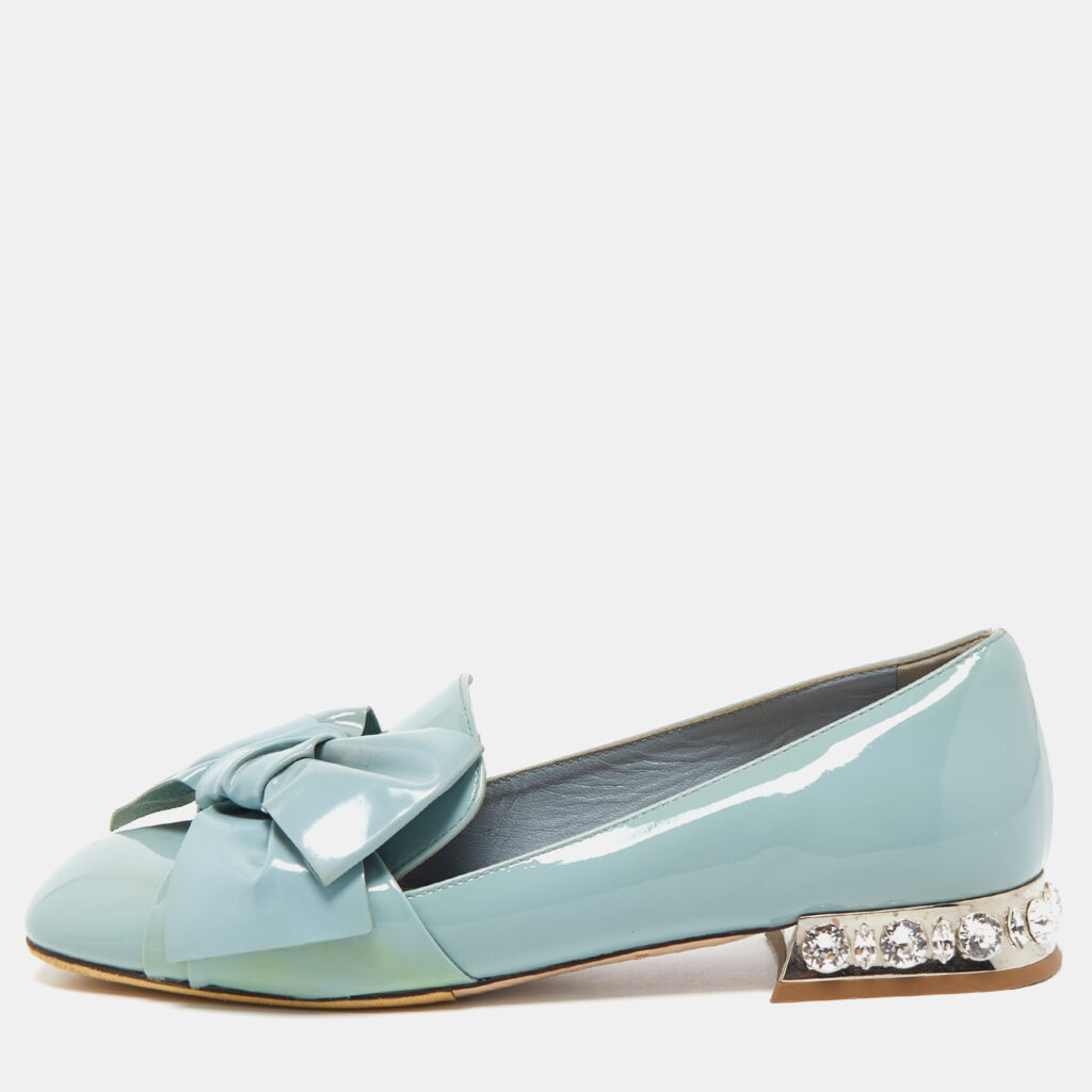 luxury-women-miu-miu-used-shoes-p788721-005 Miu Miu Blue Patent Leather Crystal Embellished Bow Smoking Slippers Size 35