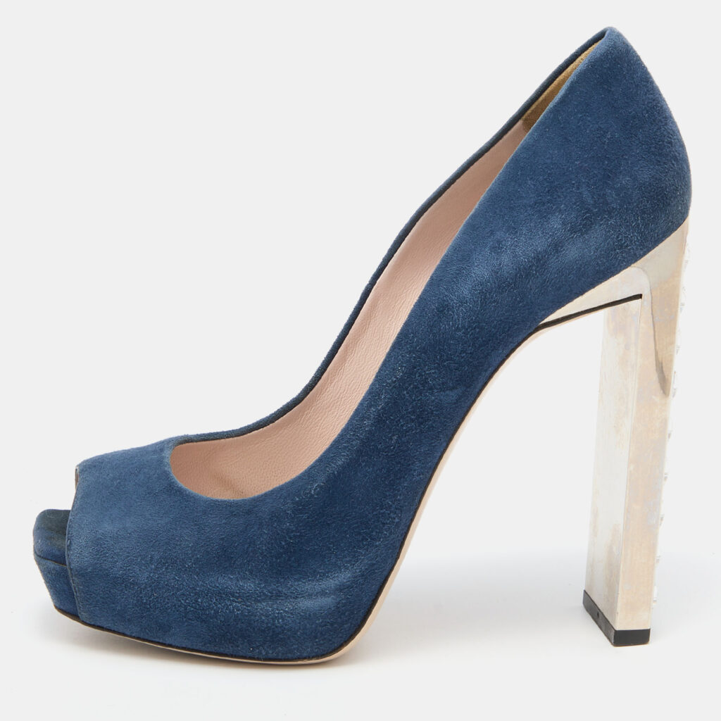 luxury-women-miu-miu-used-shoes-p804509-010 Miu Miu Navy Teal Suede Crystal Heel Peep Toe Pumps Size 38.5