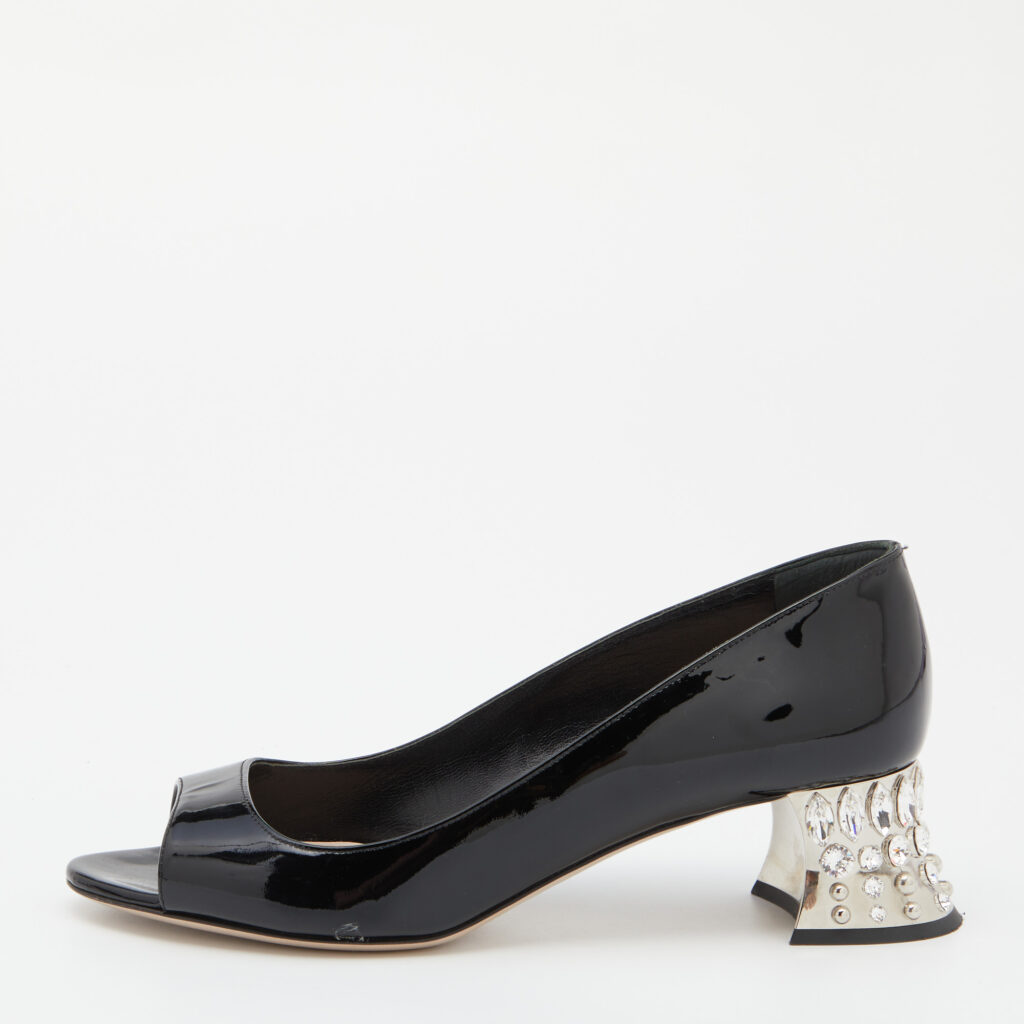 luxury-women-miu-miu-used-shoes-p808530-002 Miu Miu Black Patent Leather Crystal Embellished Block Heel Peep Toe Pumps Size 35.5