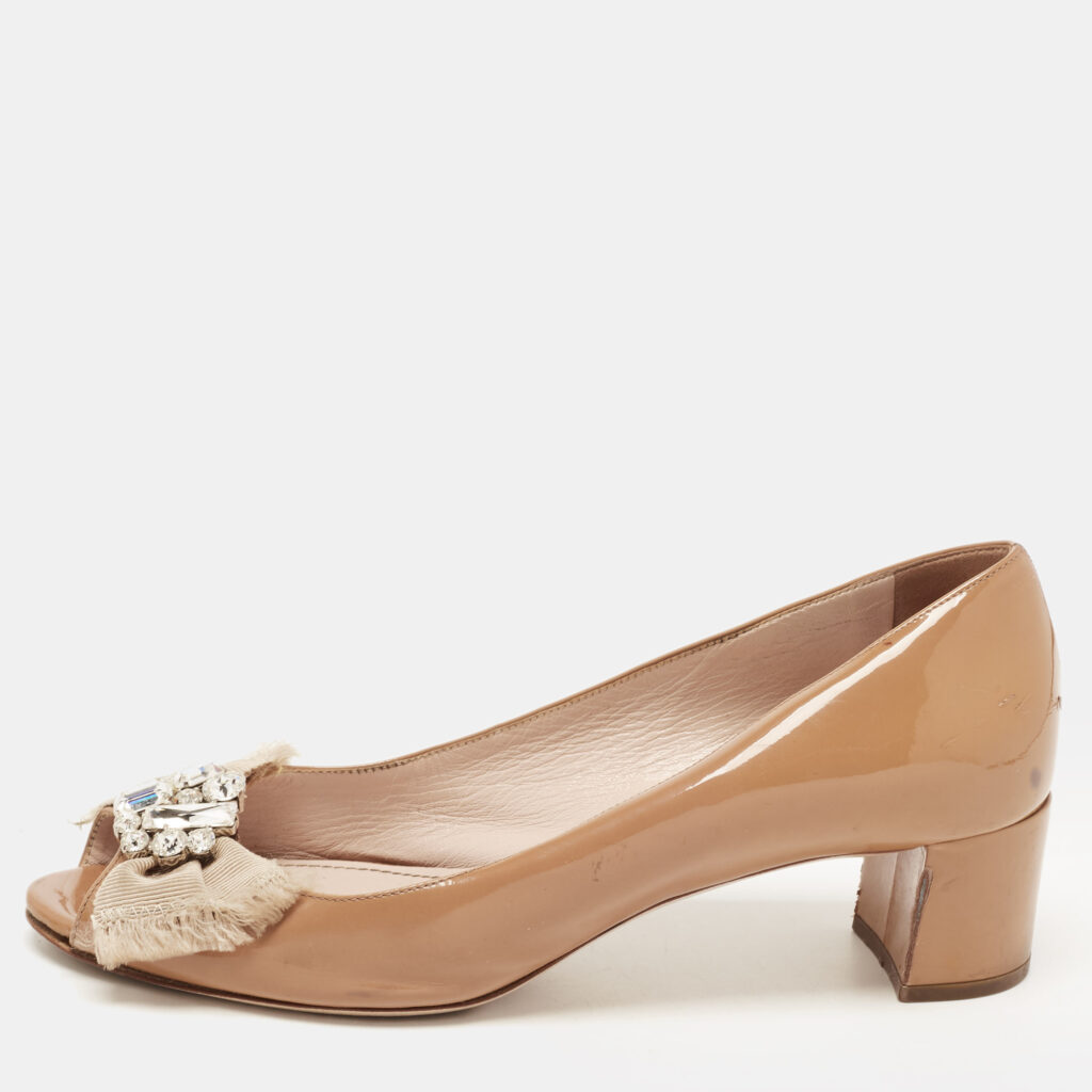 luxury-women-miu-miu-used-shoes-p809674-003 Miu Miu Brown Patent Leather Crystal Embellished Peep Toe Block Heel Pumps Size 36.5
