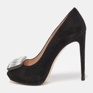 Miu Miu Black Suede Crystal Embellished Peep Toe Pumps Size 35.5