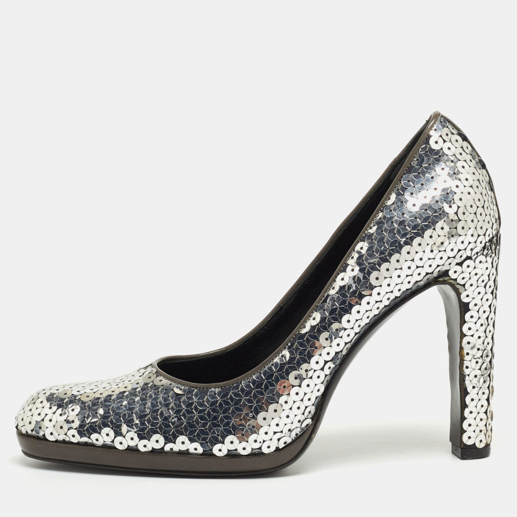 luxury-women-miu-miu-used-shoes-p863408-006 Miu Miu Silver Sequin Round Toe Pumps Size 37