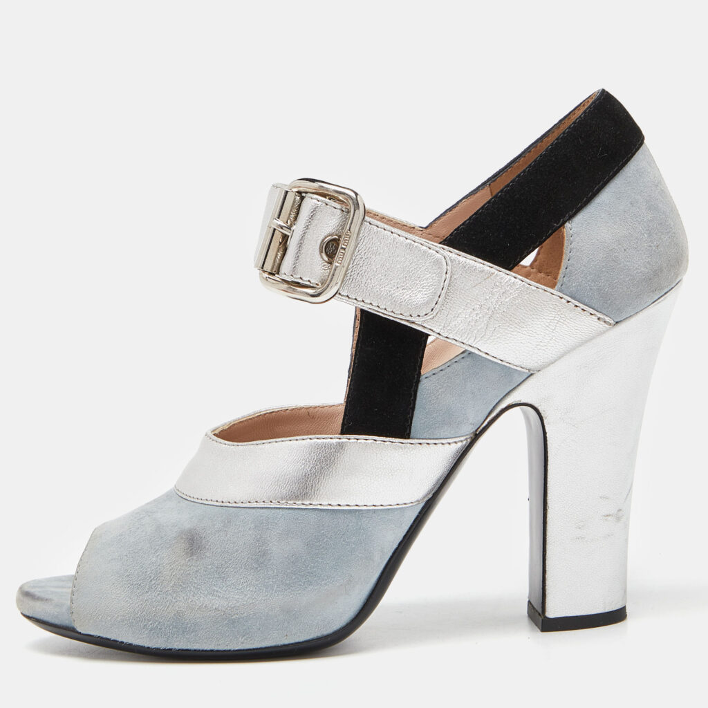 luxury-women-miu-miu-used-shoes-p865063-008 Miu Miu Tri Color Leather and Suede Bow Peep Toe Pumps Size 38