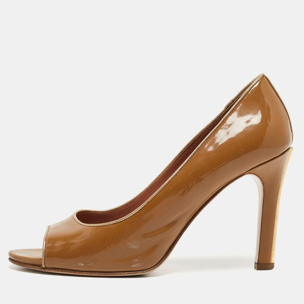 luxury-women-miu-miu-used-shoes-p929714-003 Miu Miu Brown Patent Leather Open Toe Pumps Size 39