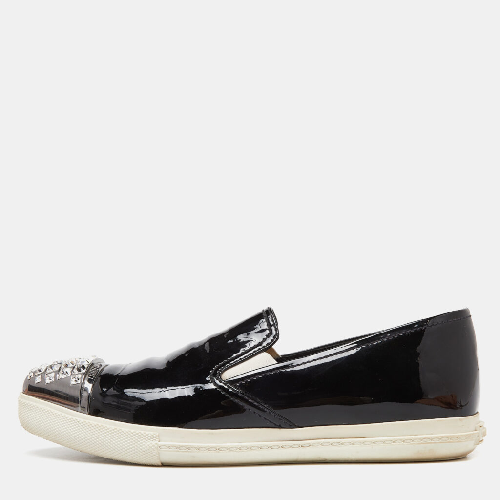 luxury-women-miu-miu-used-shoes-p945535-001 Miu Miu Black Patent Leather Crystals Embellished Slip On Loafers Size 38