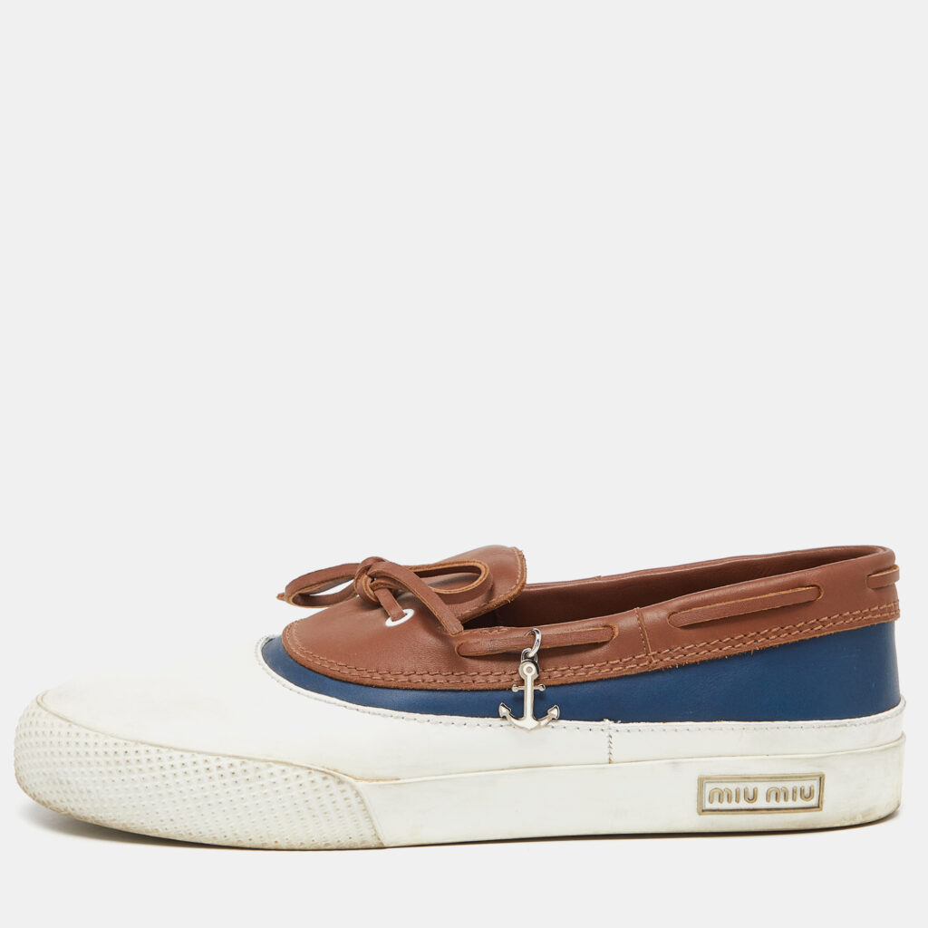 luxury-women-miu-miu-used-shoes-p950123-010 Miu Miu Tri Color Leather Slip On Sneakers Size 39.5