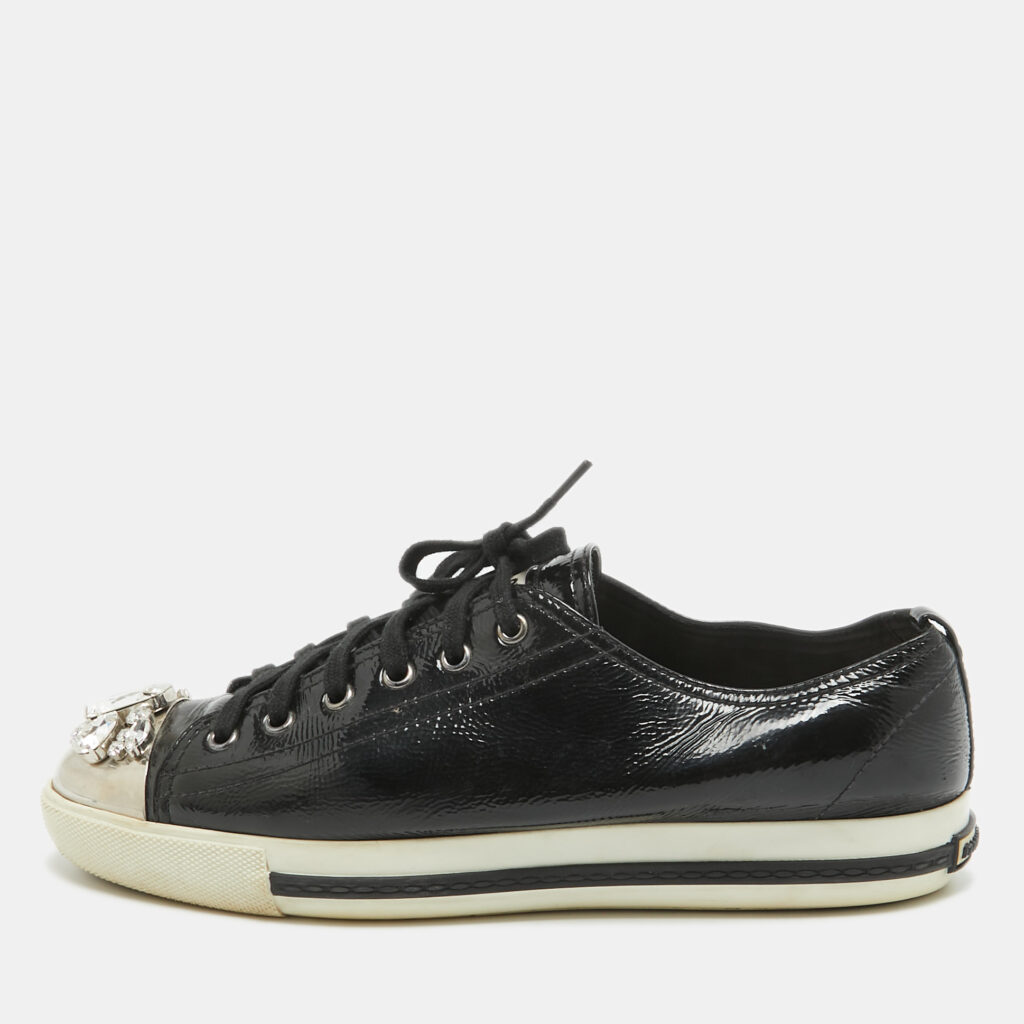 luxury-women-miu-miu-used-shoes-p962920-001 Miu Miu Black Patent Leather Crystal Embellished Cap Toe Sneakers Size 41