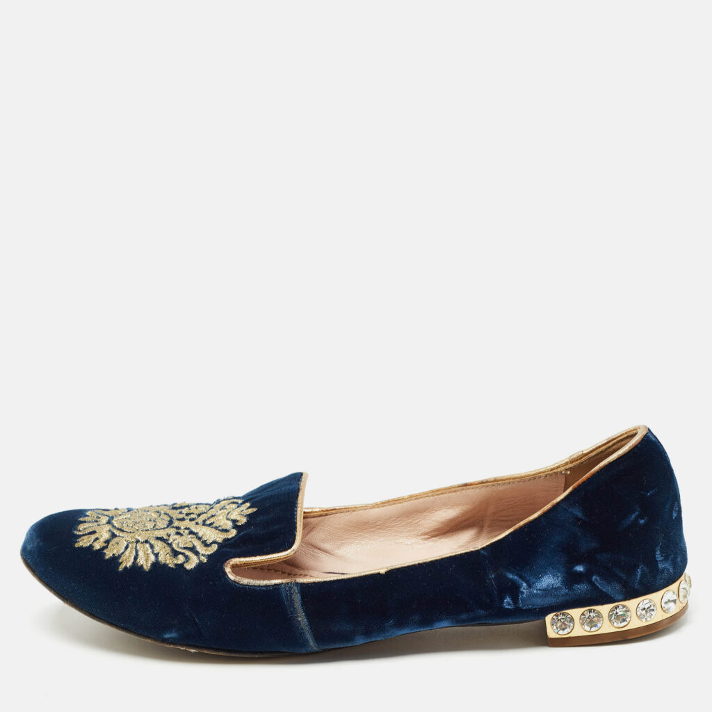 luxury-women-miu-miu-used-shoes-p973797-010 Miu Miu Blue Embroidered Velvet Crystal Embellished Smoking Slippers Size 37