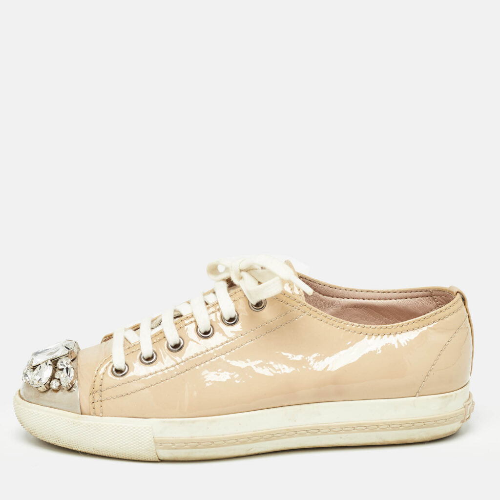 luxury-women-miu-miu-used-shoes-p983227-004 Miu Miu Beige Patent Leather Crystal Embellished Lace Up Sneakers Size 36