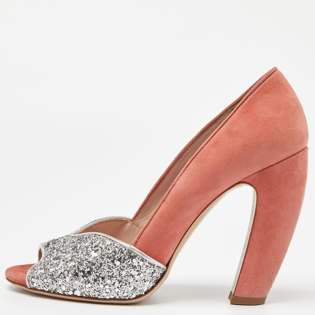 luxury-women-miu-miu-used-shoes-p996339-007 Miu Miu Orange/Silver Suede and Glitter Open Toe Pumps Size 38