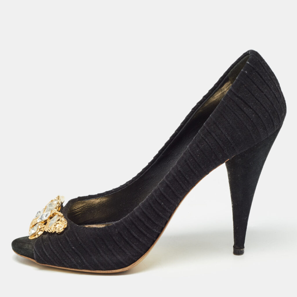 luxury-women-miu-miu-used-shoes-p997613-001 Miu Miu Black Suede Crystals Embellishment Peep Toe Pumps Size 41
