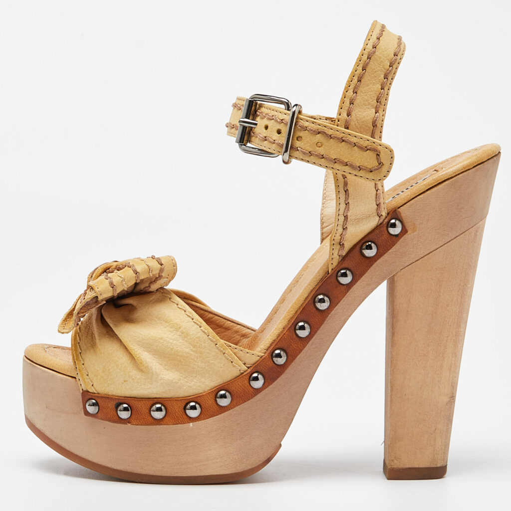 luxury-women-miu-miu-used-shoes-p998489-009 Miu Miu Beige Leather Ribbon Slingback Platform Sandals Size 35.5