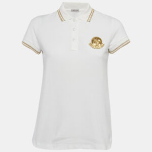 Moncler White Lurex Trim Cotton Pique Applique Detail Polo T-Shirt S