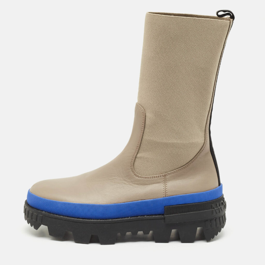 Moncler Grey Stretch Fabric and Leather Neue Chelsea Boots Size 38