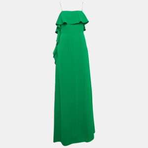 Monique Lhuillier Green Crepe Ruffled Maxi Slip Dress M
