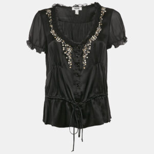 Moschino Black Embroidered Satin Silk Ruffled Detail Blouse M