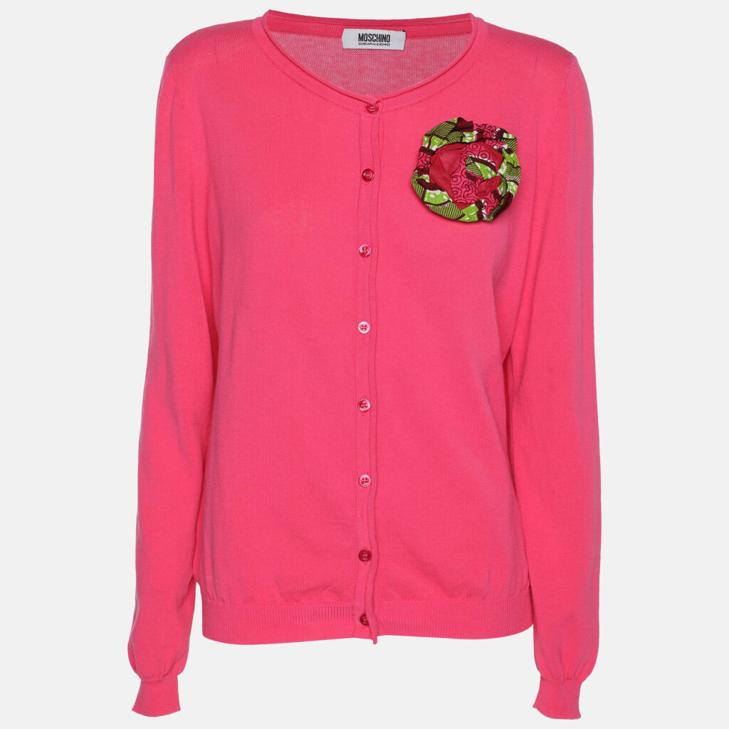 luxury-women-moschino-cheap-and-chic-used-clothes-p1139071-001 Moschino Cheap and Chic Pink Cotton Knit Floral Applique Front Button Sweater M