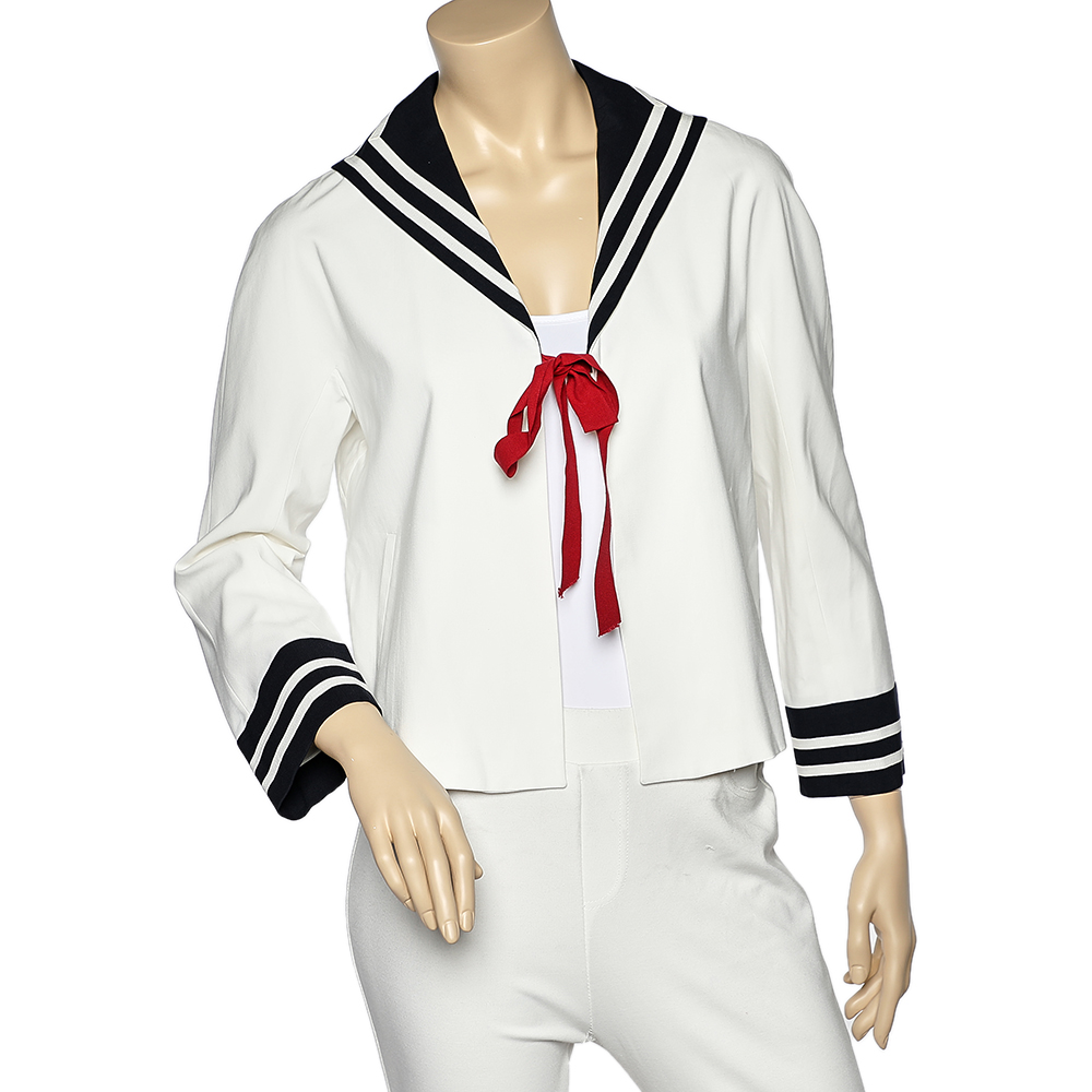 luxury-women-moschino-cheap-and-chic-used-clothes-p542705-007-1 Moschino Cheap and Chic White Cotton Contrast Trim Tie Detail Blazer M