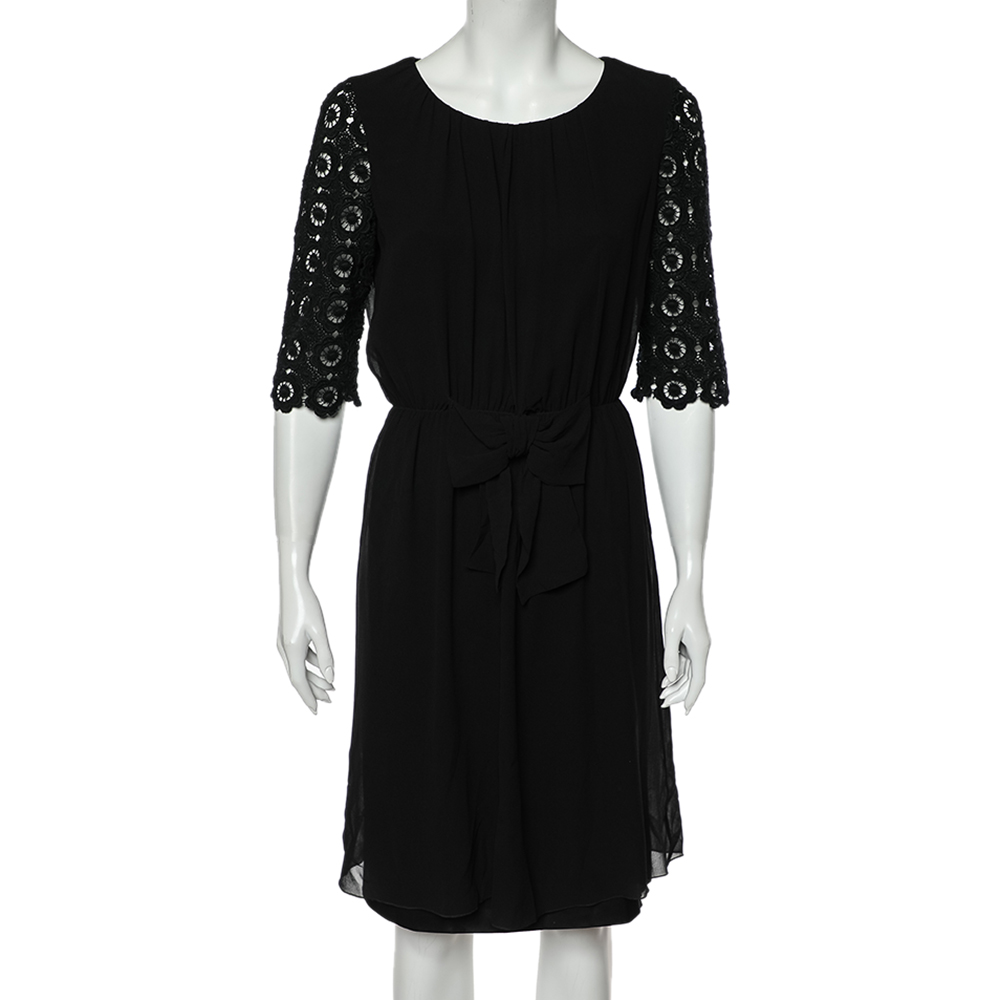 Moschino Cheap and Chic Black Silk & Lace Sleeve Midi Dress M