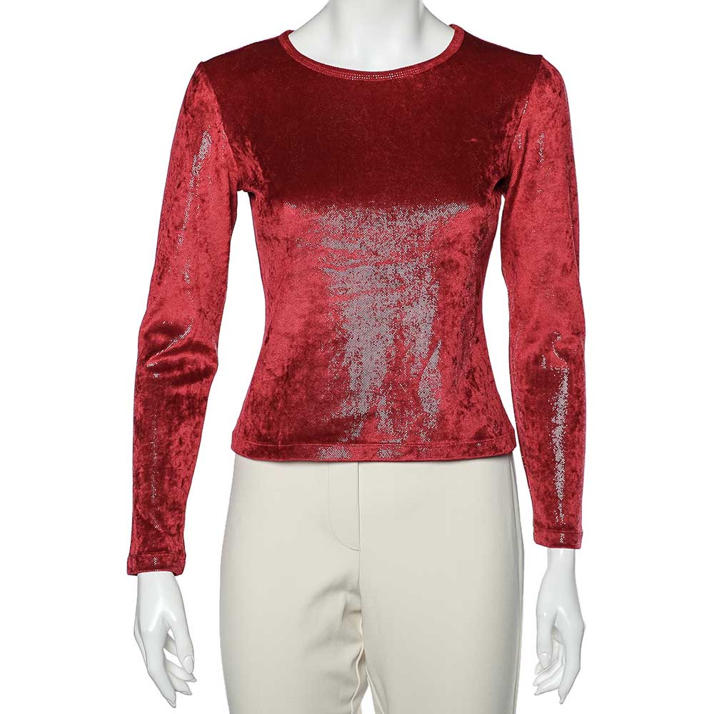 luxury-women-moschino-cheap-and-chic-used-clothes-p594020-002-2 Moschino Cheap and Chic Red Stretch Velvet Glitter Detail T-Shirt M