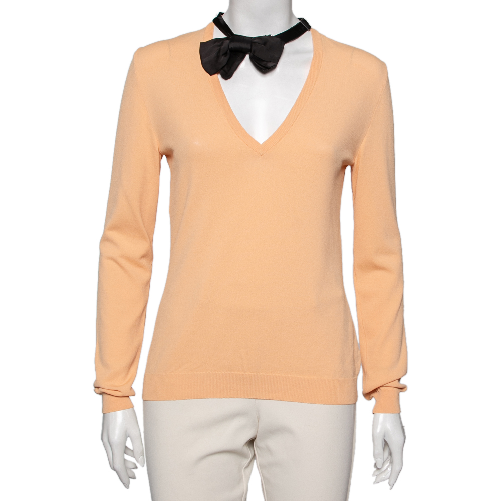 luxury-women-moschino-cheap-and-chic-used-clothes-p613299-005-1 Moschino Cheap and Chic Orange Knit V Neck Long Sleeve Sweater M